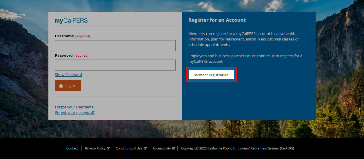 Landing page for myCalPERS highlighting the Member Registration button